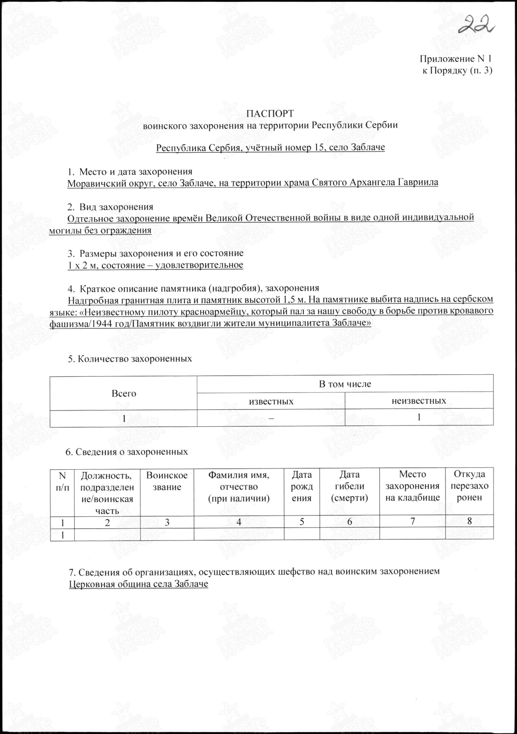 Паспорт воинского захоронения в селе Заблаче, с. 1 (сайт «Память народа»)